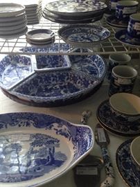 Blue & white platter, divided serving piece, cups & saucers