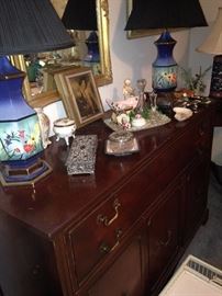 Mahogany dresser; matching and colorful lamps