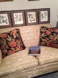 Botanical framed prints; love seat; decorative pillows