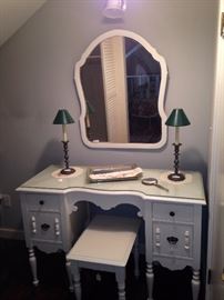 Shabby chic vanity, bench, and mirror