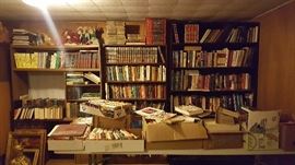 100's of books!  Lots of old vintage cook books, architectural books, football books, tons of romance novels, national geographics, medical and more.  Lots of old copywrite dates!! 