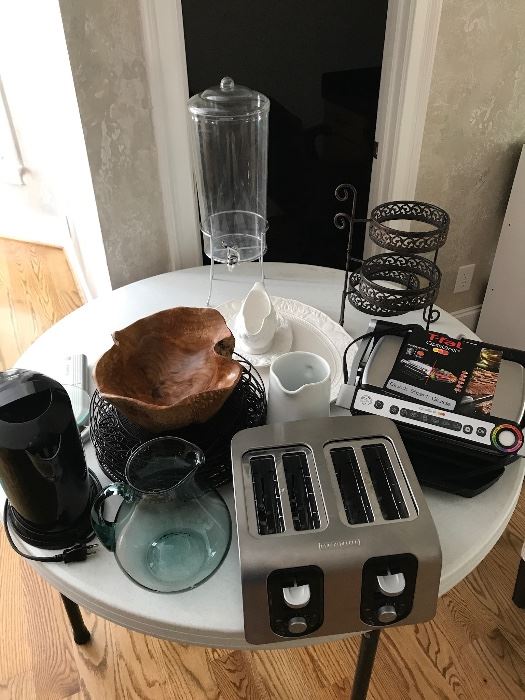 toaster, glass vases, kitchen items