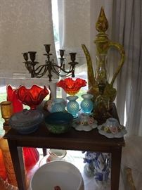 Fenton Hobnail candle holders, red art glass compotes, cloisonné, depression glass candy dish, 1940's porcelain candle holders 