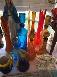 Italian bubble glass decanters, blue art glass pitcher. Mid century red art glass vase