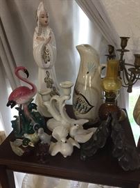 Vintage hobnail oil lamps vintage USA pottery,  pink flamingo planter