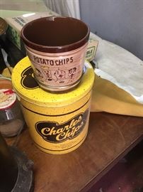 Charles chips cans and vintage chips porcelain bucket
