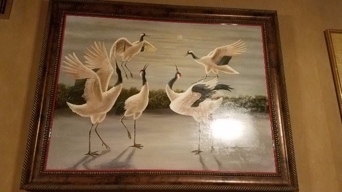 Black and white oil painting of storks