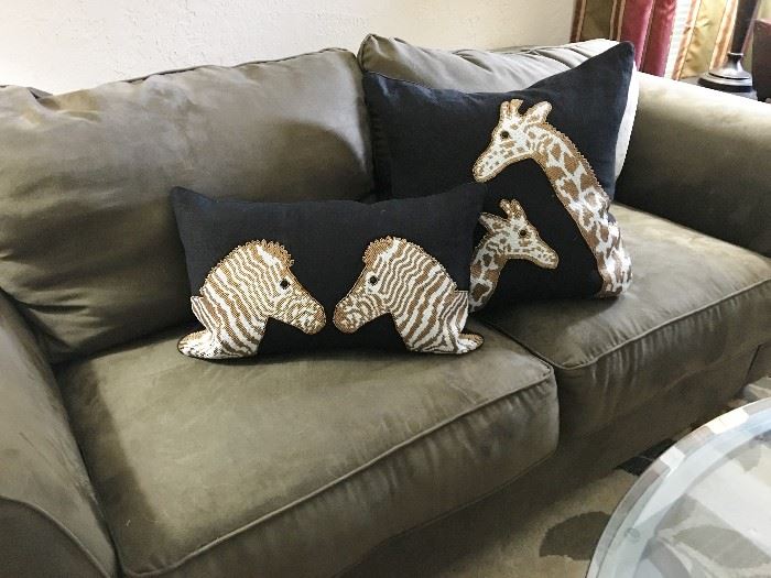 Moss Green Love Seat; Sequin & Beaded Animal Print Pillows