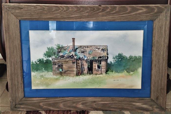 Greg Burns Original Watercolor "Patchwork Shack" signed & dated 1971. Frame is board from shack.