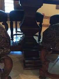 Stanley Pedestal 83" Round Dining Table w Add-ons that Increase Width by 20" and 5 High back Upholstered Chairs