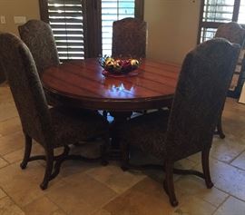 Stanley 83" Round Dining Table w Add-ons that Increase Width by 20" and 5 High back Upholstered Chairs
