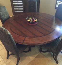 Stanley Pedestal 83" Round Dining Table w Add-ons that Increase Width by 20" and 5 High back Upholstered Chairs