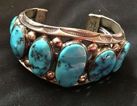 Orville  Tsinnie signed sterling silver & turquoise bracelet. He was a well known Navajo silversmith from Shiprock, NM. Died May of this year.