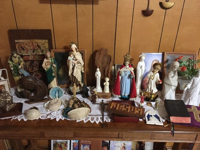 Large Collection of Religious Statues, Crosses, Vintage Rosaries, Framed Pieces, Bibles & Literature