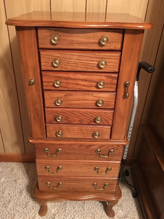 Tall Upright Jewelry Chest with 9 Drawers & 2 Doors Open on each Side for Neclaces