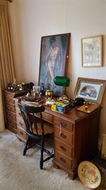Vintage desk with vintage desk sets