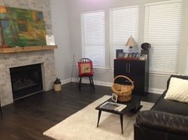 Modern living room sofa, rug and coffee table. Large collection of BluRay discs.