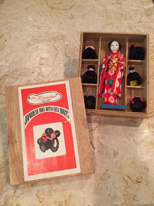 Mid-century Japanese doll with 6 wigs 