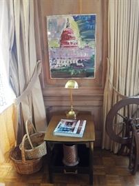 Library reading lamp, Heritage Henredon side table, baskets, Ashford spinning wheel and signed original Peter Max print, pineapple welcome lamp.