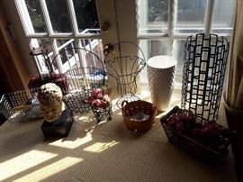 Satyr reproduction bust, wire baskets, hourglass, Longanberger basket.