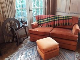 Spinning wheel ( in fantastic shape), ottoman, rug, loveseat (with matching loveseat not pictured), wool blanket and other linens.