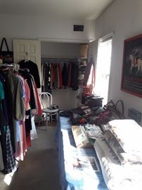 Women's dresses, blouses, sweaters, pants, skirts, blazers, shirts, and suits ( sizes 2-12). Additionally, designer handbags, purses, linens, shoes, scarves, and beautiful quilts.