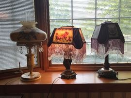 Glass Shade Lamps with Glass and Fringe Shades, Electric Converted Oil Lamp