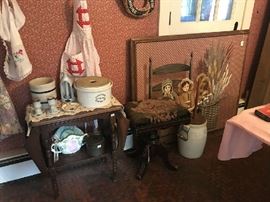 Butter Churn Stoneware Crock, Organ Stool, Artist Signed Folk Art Painting 