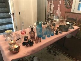 Oil Lamps, Cut Glass Decanter Bar Set, Blue Glass Lemonade Set