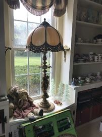 Gorgeous Large Ornate Slag Glass Lamp with Figural Ladies base