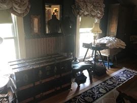 Steamer Trunk, Clover Claw Foot Table, Dress Form