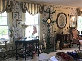 Cast Iron Hall Tree, Occasional Chair, Framed Art - some signed