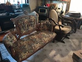Carved back couch, glider chair