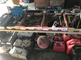 Wrenches, Gas Cans, grease guns, socket sets
