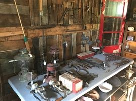 Lanterns, Primitive tools, ohaus scale, horse bit lead, grinders