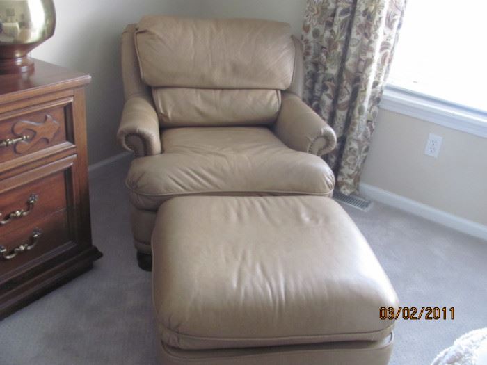 Regency gold leather chair and ottoman
