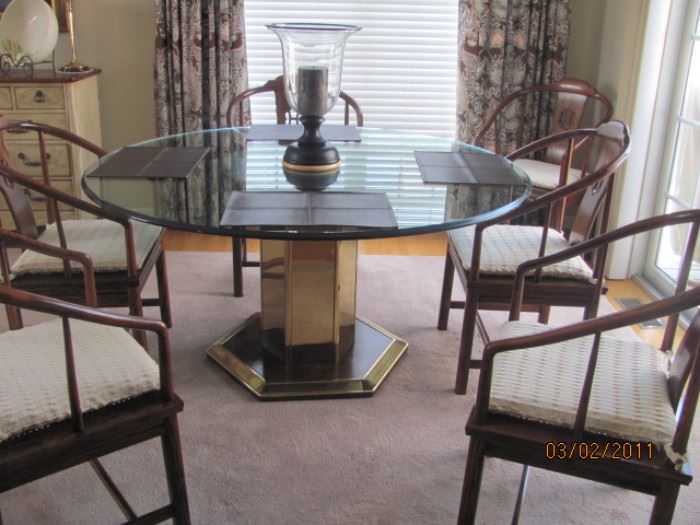 Henredon brass/glass pedestal table and 6 chairs