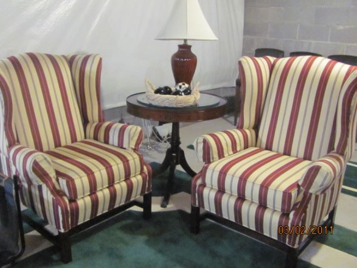 Pennsylvania House wine/ivory striped wing chairs