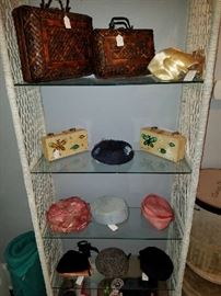 Vintage Hats & purses & White wicker Shelf