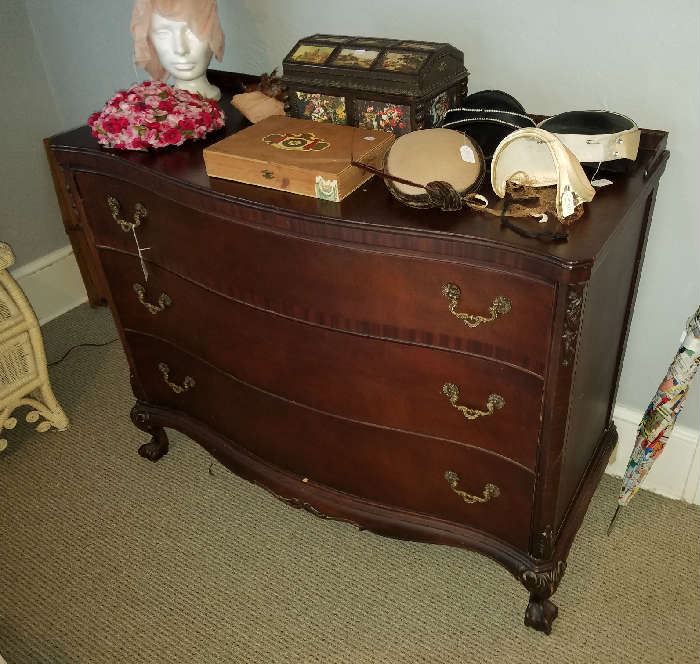 1930's Swell Front Chest w/ Carved Feet Mahogany and Vintage Hats