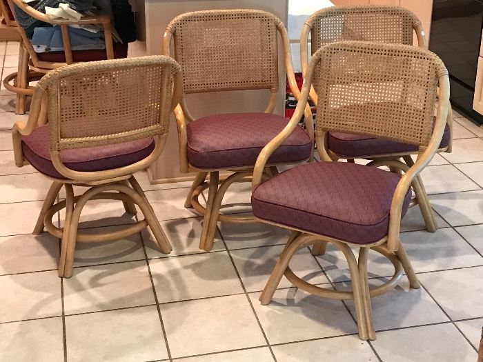 4 Brown Jordan Wrattan, Cane and Upholstered Swivel Chairs 
