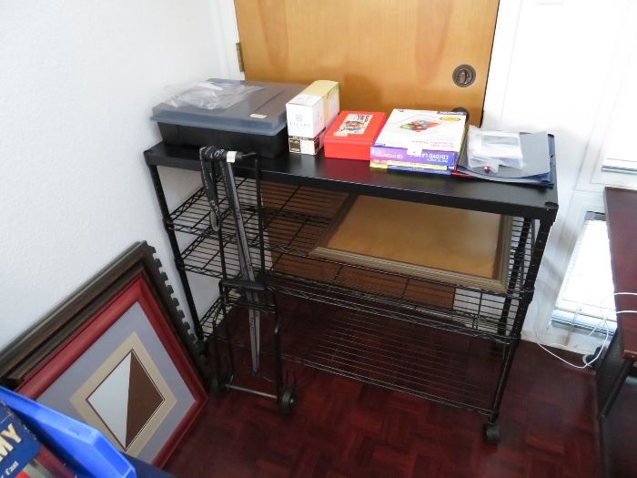 Office Supplies, Frames, Metal Shelving and Small Box Dolly