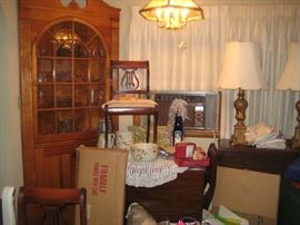 corner cabinet, small buffet,drop leafe table with leaves,pads and 4 chairs