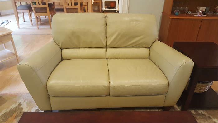 Pewter/light green leather loveseat   $350