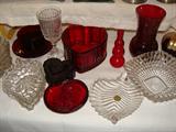 vintage glassware in clear and reds