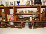 Selling as one item is this display shelf with contents which includes eyewash cup,oil can, doll dishes, tokens, and much more