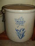 Western antique crock with design, notice the wooden handles