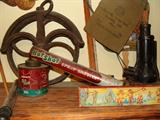 Antique Well pulley, old bank bag, fly sprayer, etc