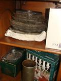 large stack of vintage glass serving platters, etc.