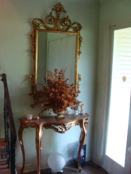 Entry way mirror and table in rococo style